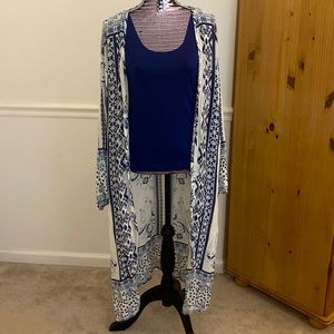 NWT Francesca's Floor Length Blue/White Cardigan